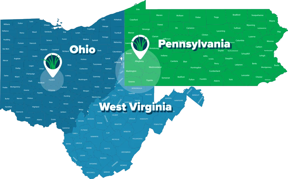 Custom Turf Service Area Map Ohio, Pennsylvania, West Virginia